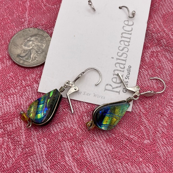 Rainbow Green Glass Tear Drop Dangle Earrings - Picture 7 of 9